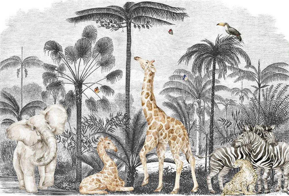 Black and White Safari Chilling Animals Wallpaper Mural