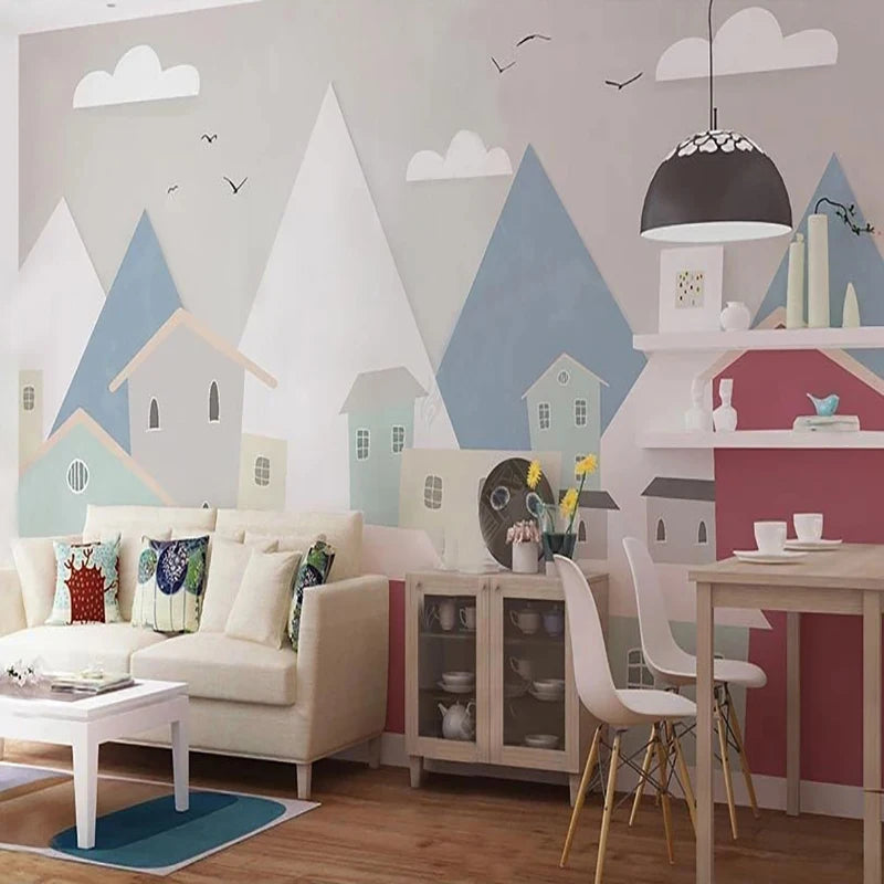 Geometric Mountainscape with Pastel Townhouses Wall Mural Wallpaper