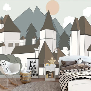 Architectural Town Buildings Cartoon Wall Mural Wallpaper