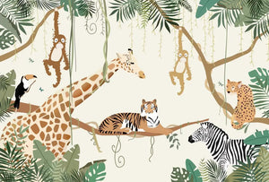 Playful Giraffe And Animals Jungle Wallpaper Mural