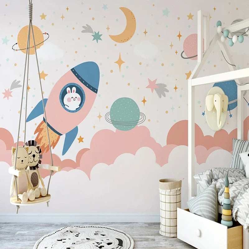 Bunny Rocket and Planets Nursery Wall Mural Wallpaper