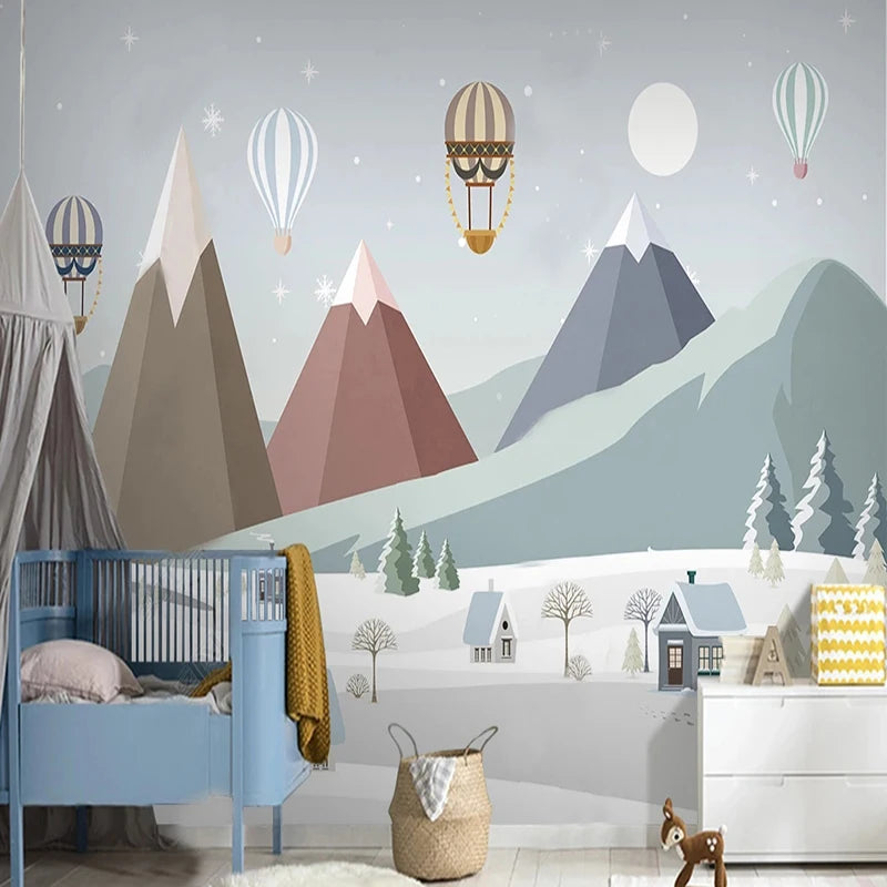 Geometric Mountain Village and Balloons Wall Mural Wallpaper