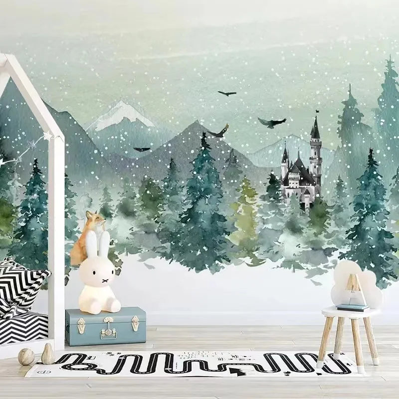 Watercolor Hand-painted Pine Forest Wallpaper Mural