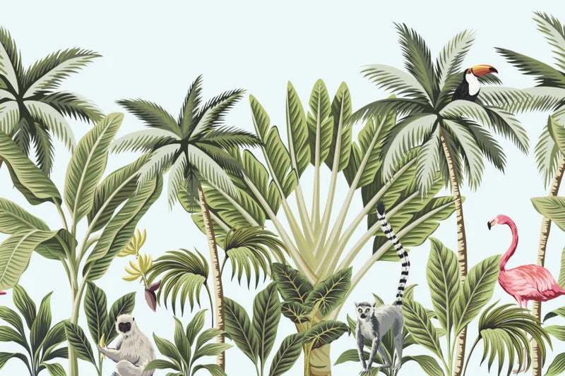 Monkeys And Flamingo Rainforest Plants Wallpaper Mural