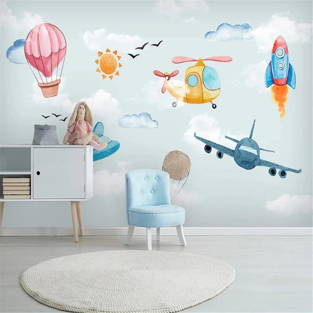 Cartoon Hand-painted Hot Air Balloon Airplanes and Rocket Wallpaper Mural