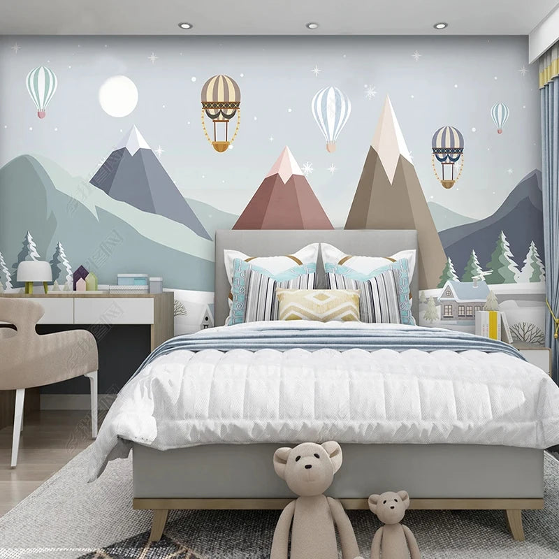 Geometric Mountain Village and Balloons Wall Mural Wallpaper