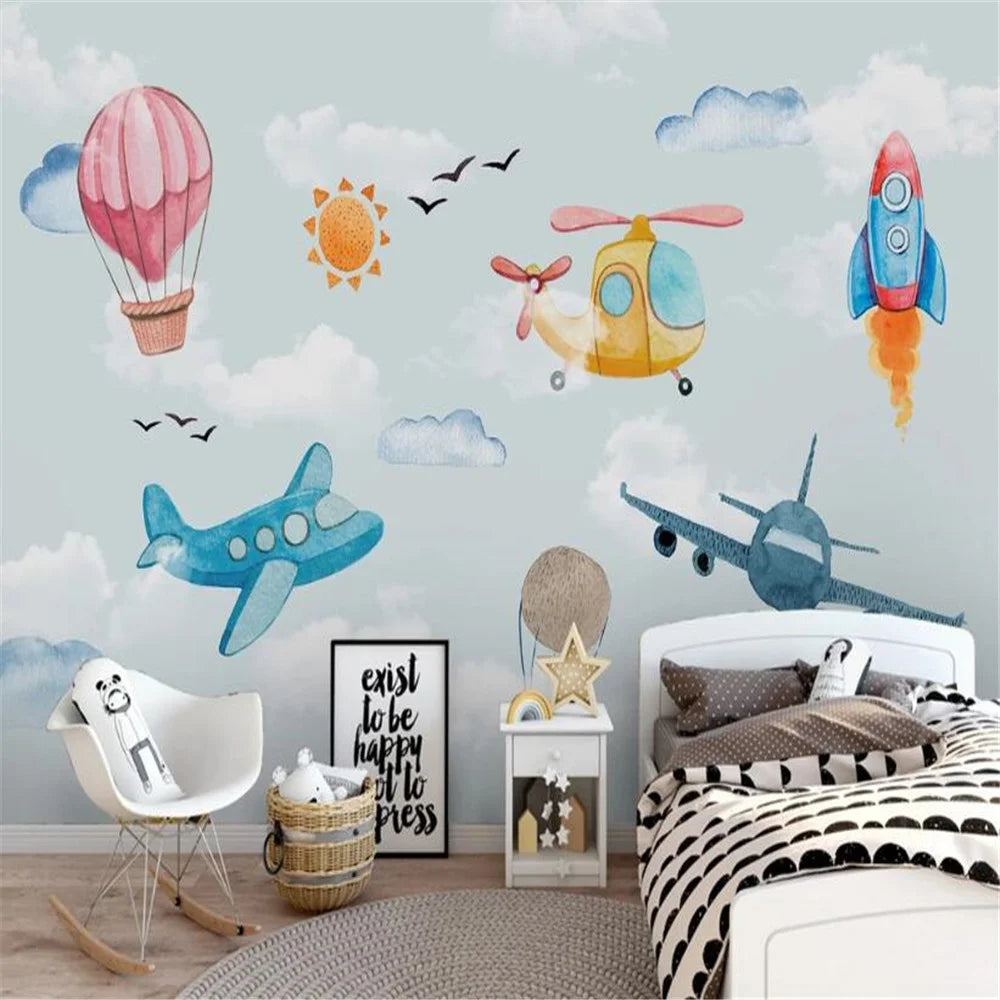 Cartoon Hand-painted Hot Air Balloon Airplanes and Rocket Wallpaper Mural