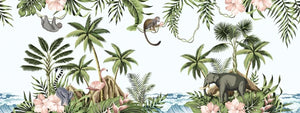 Elephant Monkeys And Flamingo Tropical Plants Wallpaper Mural