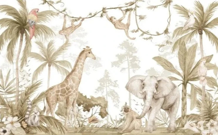Beige Colors Tropical Safari Animals Wallpaper Mural