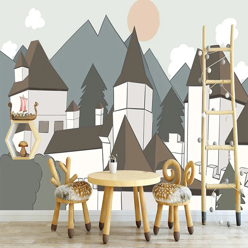 Architectural Town Buildings Cartoon Wall Mural Wallpaper