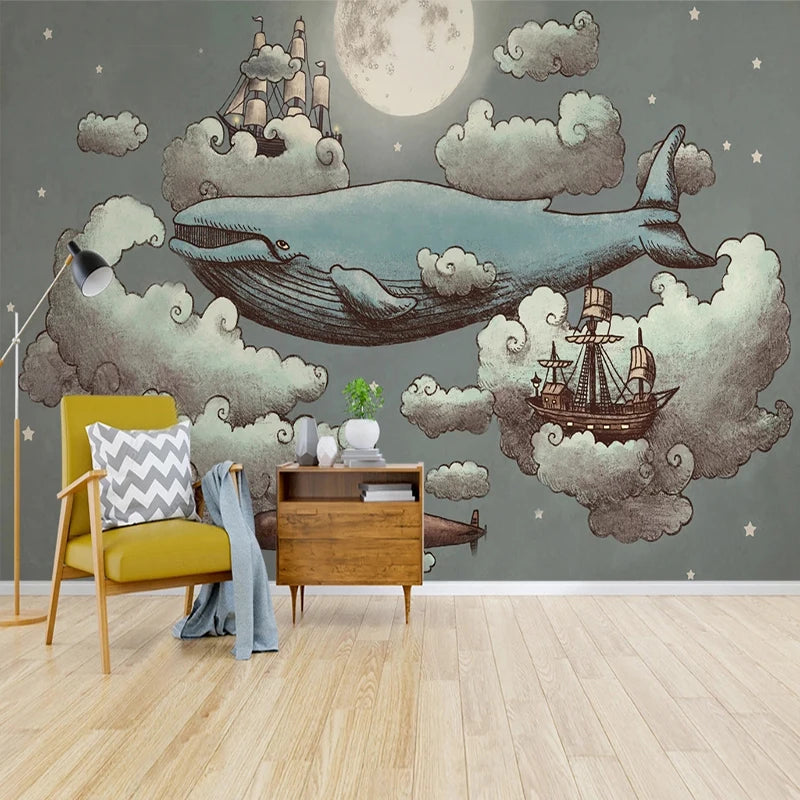 Celestial Whale and Sailing Ships Among Cloud Formations Wall Mural Wallpaper