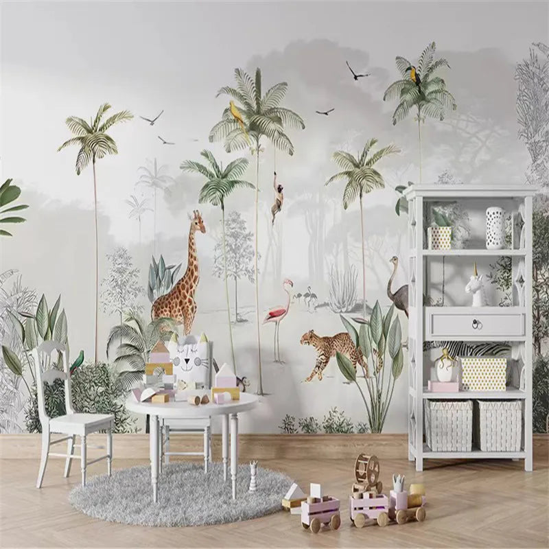 Light Background Palm Trees and Animals Wallpaper Mural
