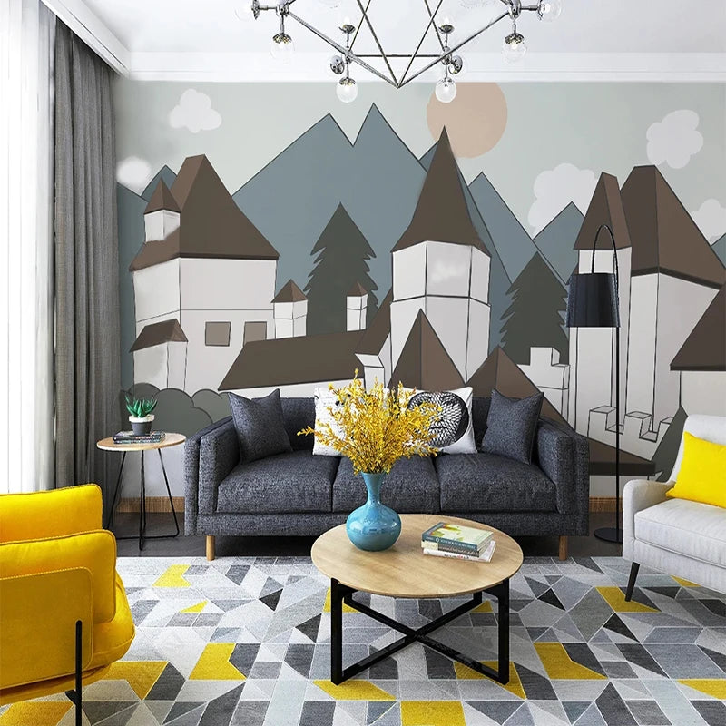 Architectural Town Buildings Cartoon Wall Mural Wallpaper