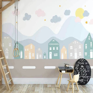 Cartoon Mountain Town Road Playroom Wall Mural Wallpaper