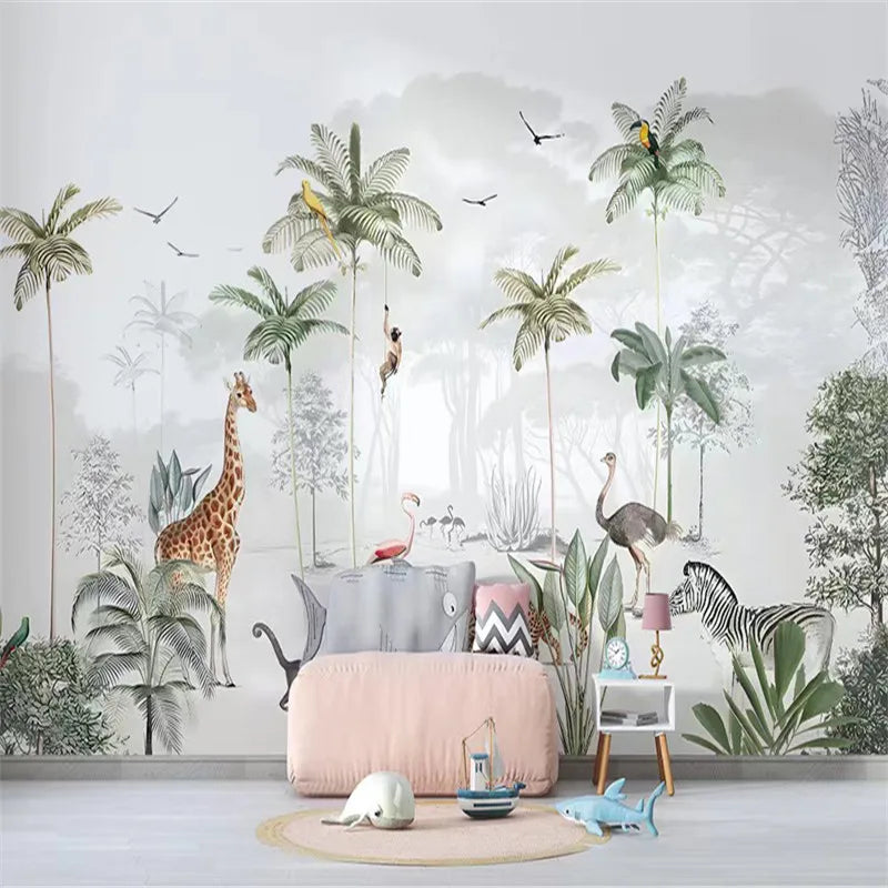 Light Background Palm Trees and Animals Wallpaper Mural