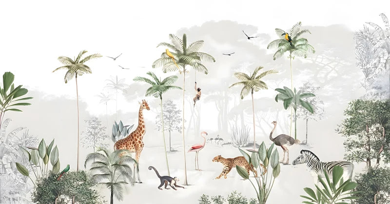 Light Background Palm Trees and Animals Wallpaper Mural
