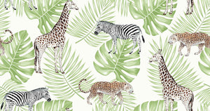 Safari Animals on Tropical Leaves Seamless Wallpaper