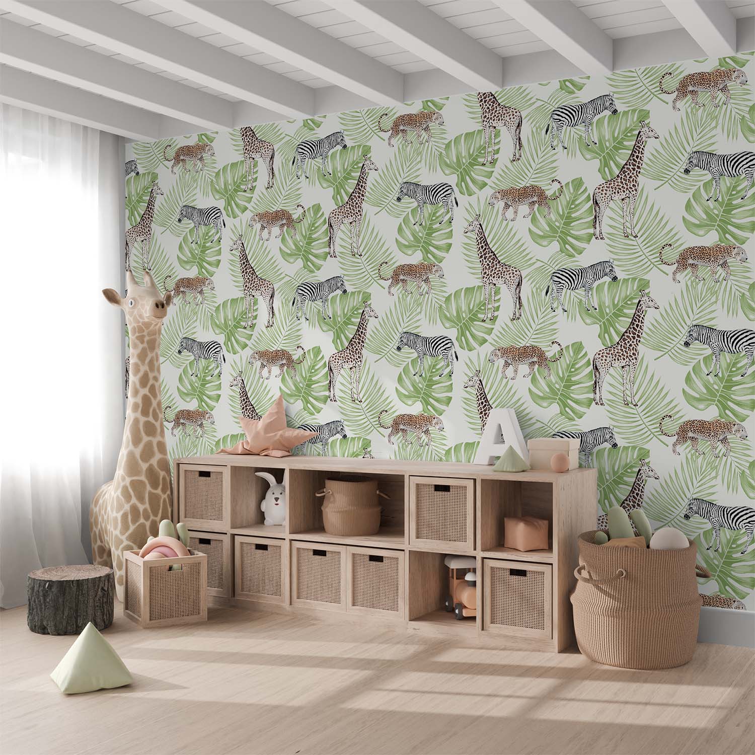 Safari Animals on Tropical Leaves Seamless Wallpaper