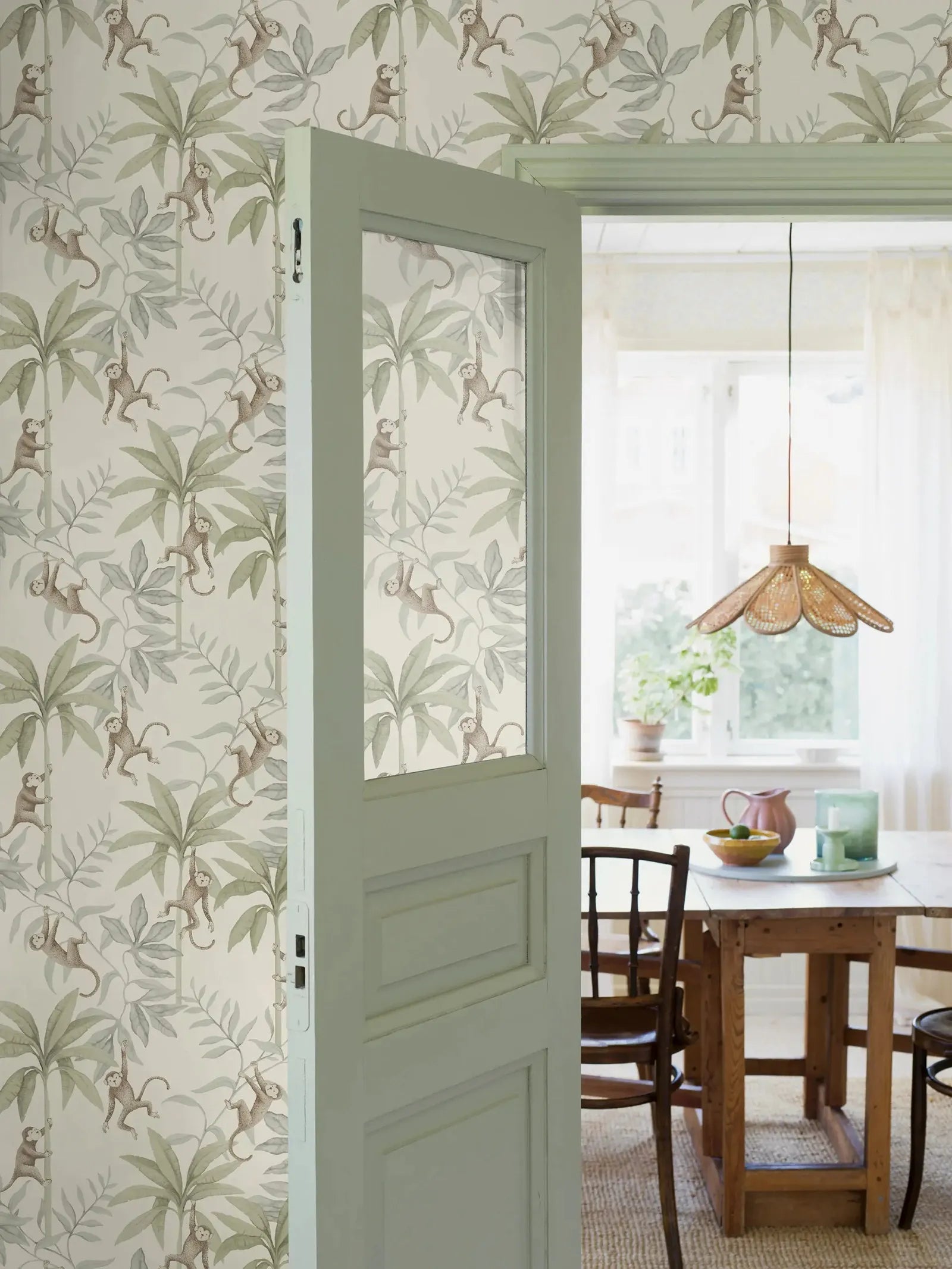 Little Jungle Monkeys And Palm Leaves Pattern Wallpaper