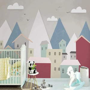 Geometric Mountainscape with Pastel Townhouses Wall Mural Wallpaper
