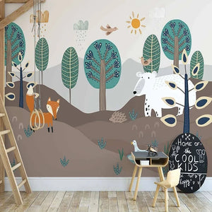 Layered Forest Landscape with Fox and Bear Wall Mural Wallpaper