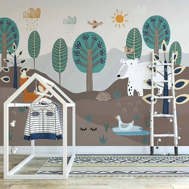 Layered Forest Landscape with Fox and Bear Wall Mural Wallpaper