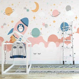 Bunny Rocket and Planets Nursery Wall Mural Wallpaper