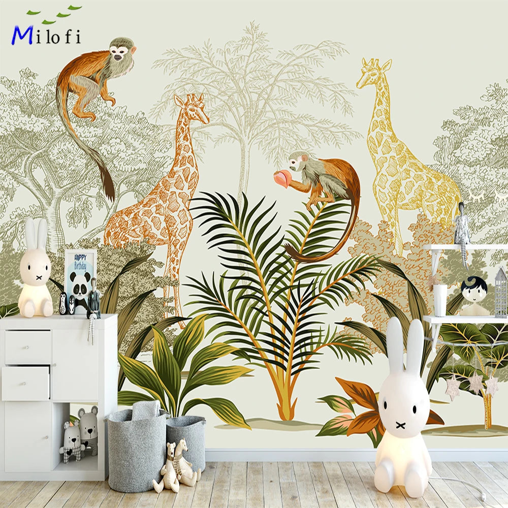 Colorful Girraffes and Monkeys Safari Wallpaper Mural