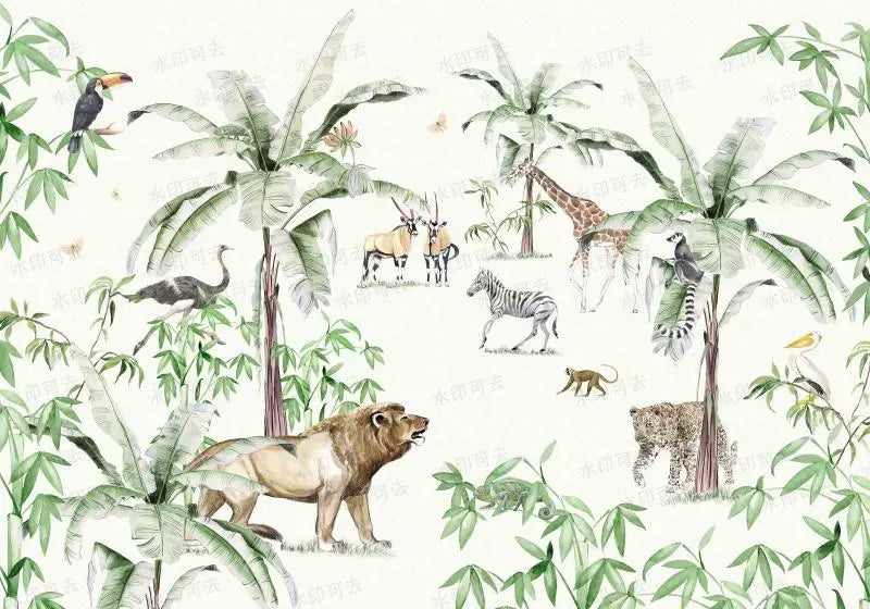 Light Watercolor Safari Jungle Wallpaper Mural