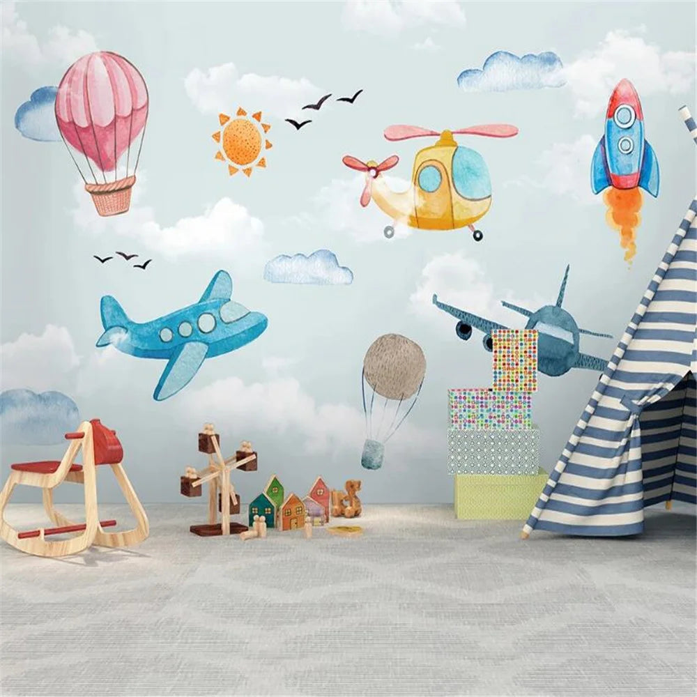 Cartoon Hand-painted Hot Air Balloon Airplanes and Rocket Wallpaper Mural
