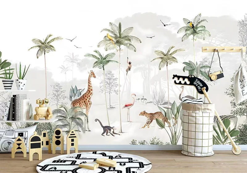 Light Background Palm Trees and Animals Wallpaper Mural
