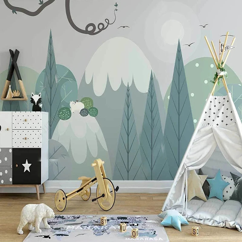 Coniferous Forest with Mountain Peaks Wall Mural Wallpaper