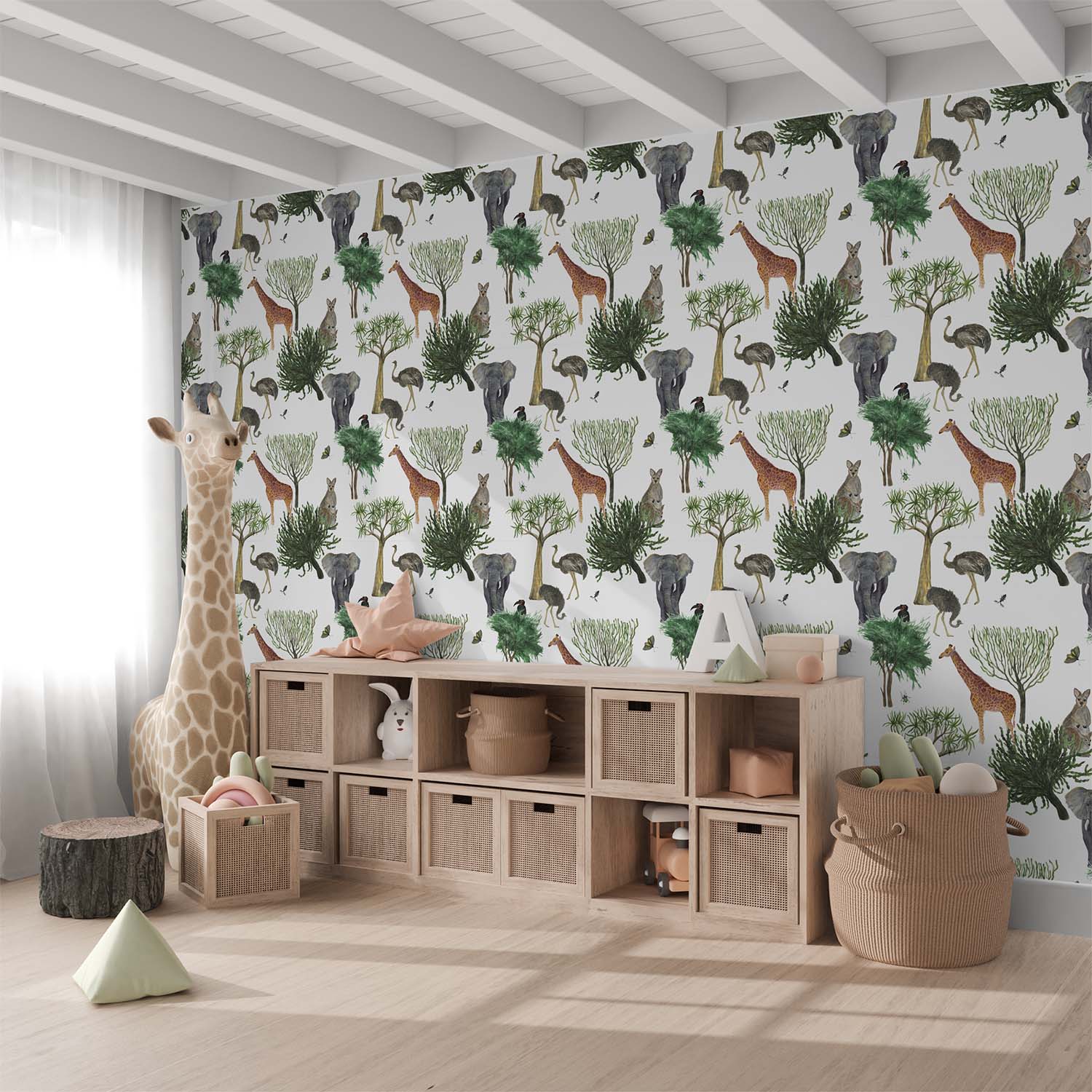 Tropical Cangaroo Elephant Giraffe Seamless Wallpaper