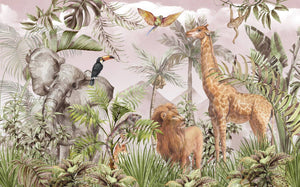 Tropical Wildlife Animals Jungle & Safari Pink Sky Wallpaper Mural