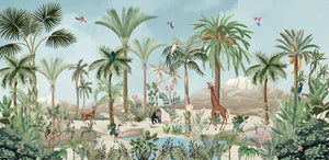 Tropical Wildlife Mountains and Pond Wallpaper Mural