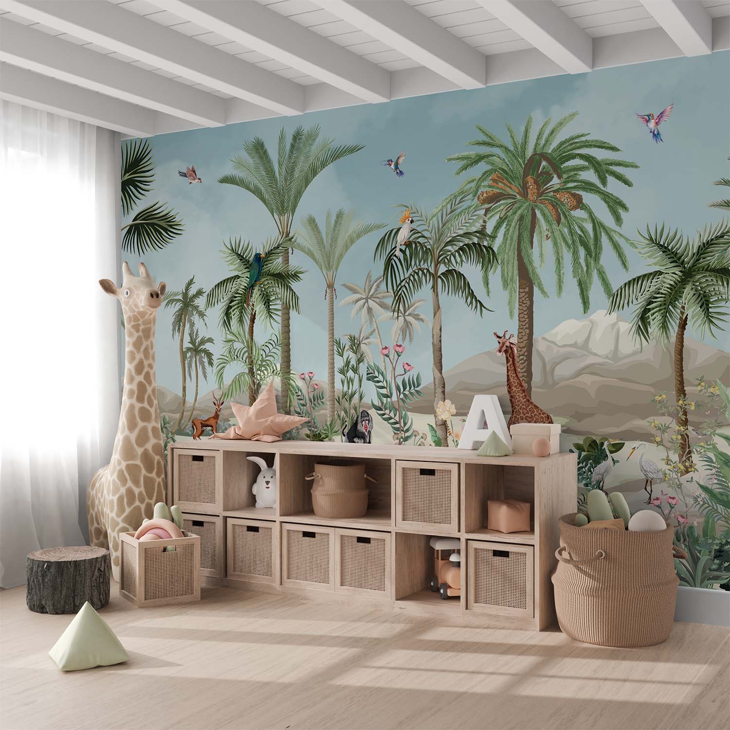 Tropical Wildlife Mountains and Pond Wallpaper Mural