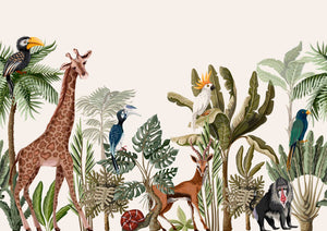 Vibrant Animals and Tropical Plants White Background Wallpaper Mural
