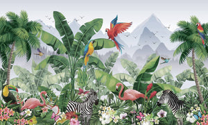 Vibrant Tropical Wildlife Animals and Flowers Wallpaper Mural