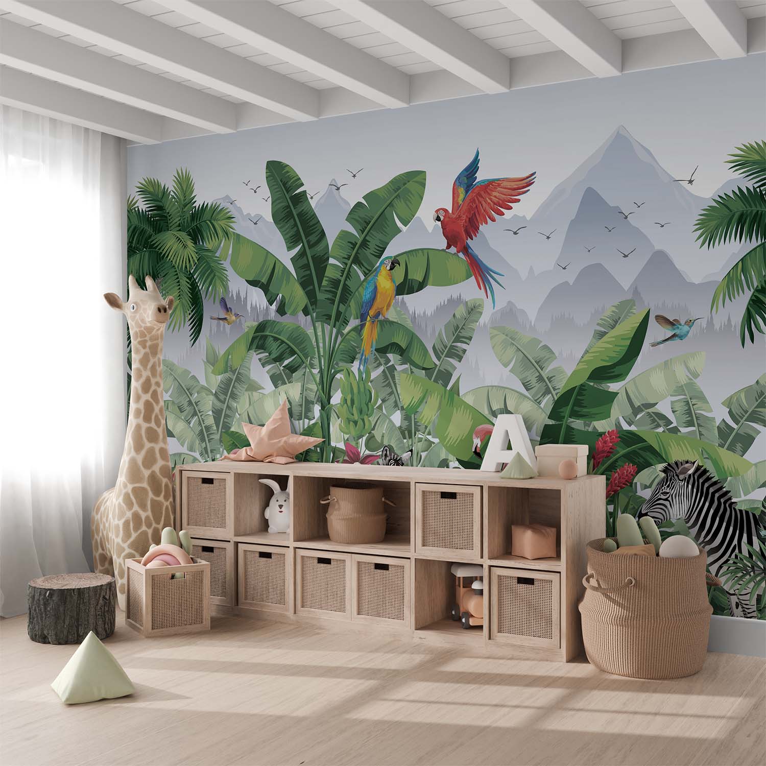 Vibrant Tropical Wildlife Animals and Flowers Wallpaper Mural