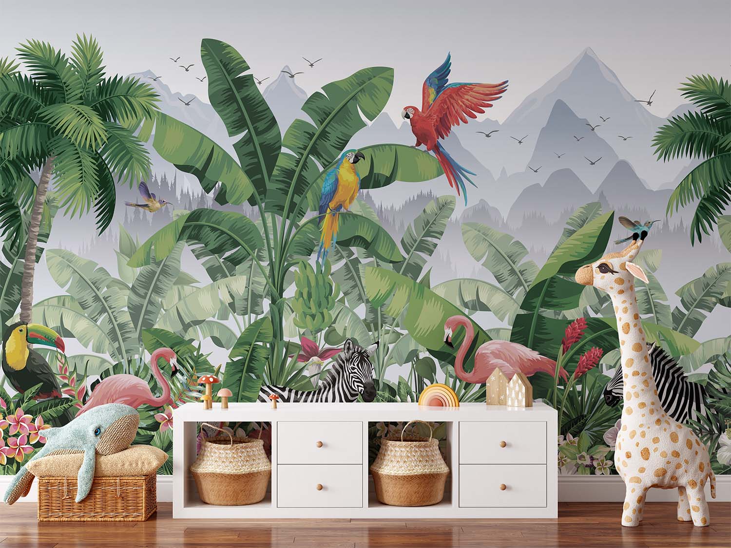 Vibrant Tropical Wildlife Animals and Flowers Wallpaper Mural