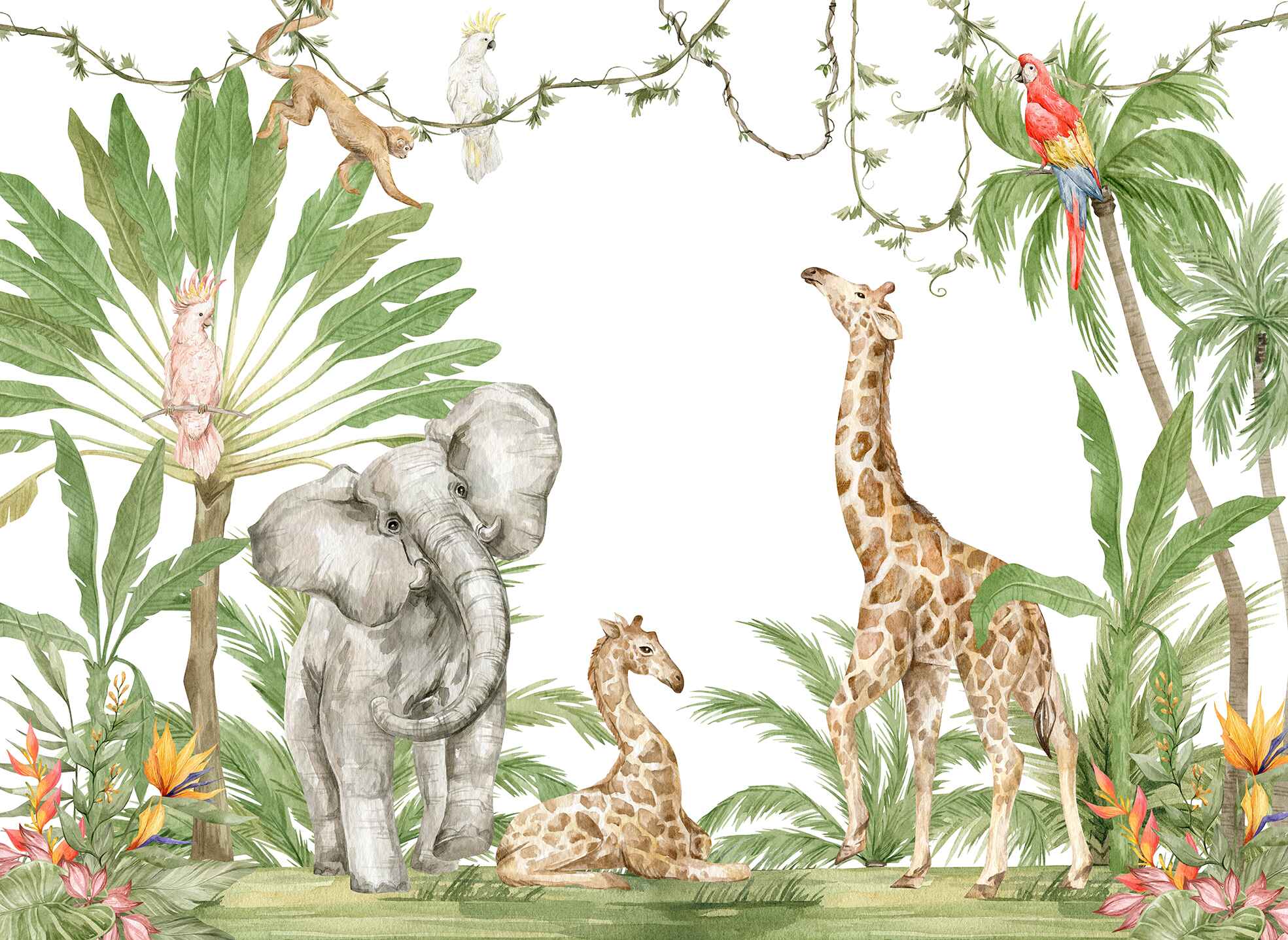 Vibrant Watercolor Jungle Safari Animals Wallpaper Mural