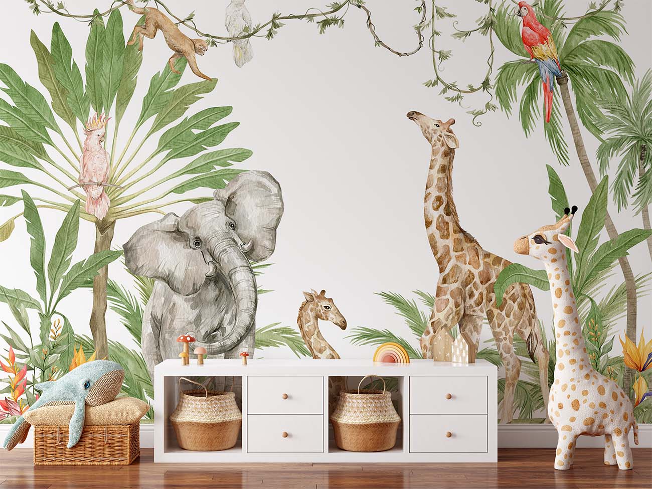 Vibrant Watercolor Jungle Safari Animals Wallpaper Mural