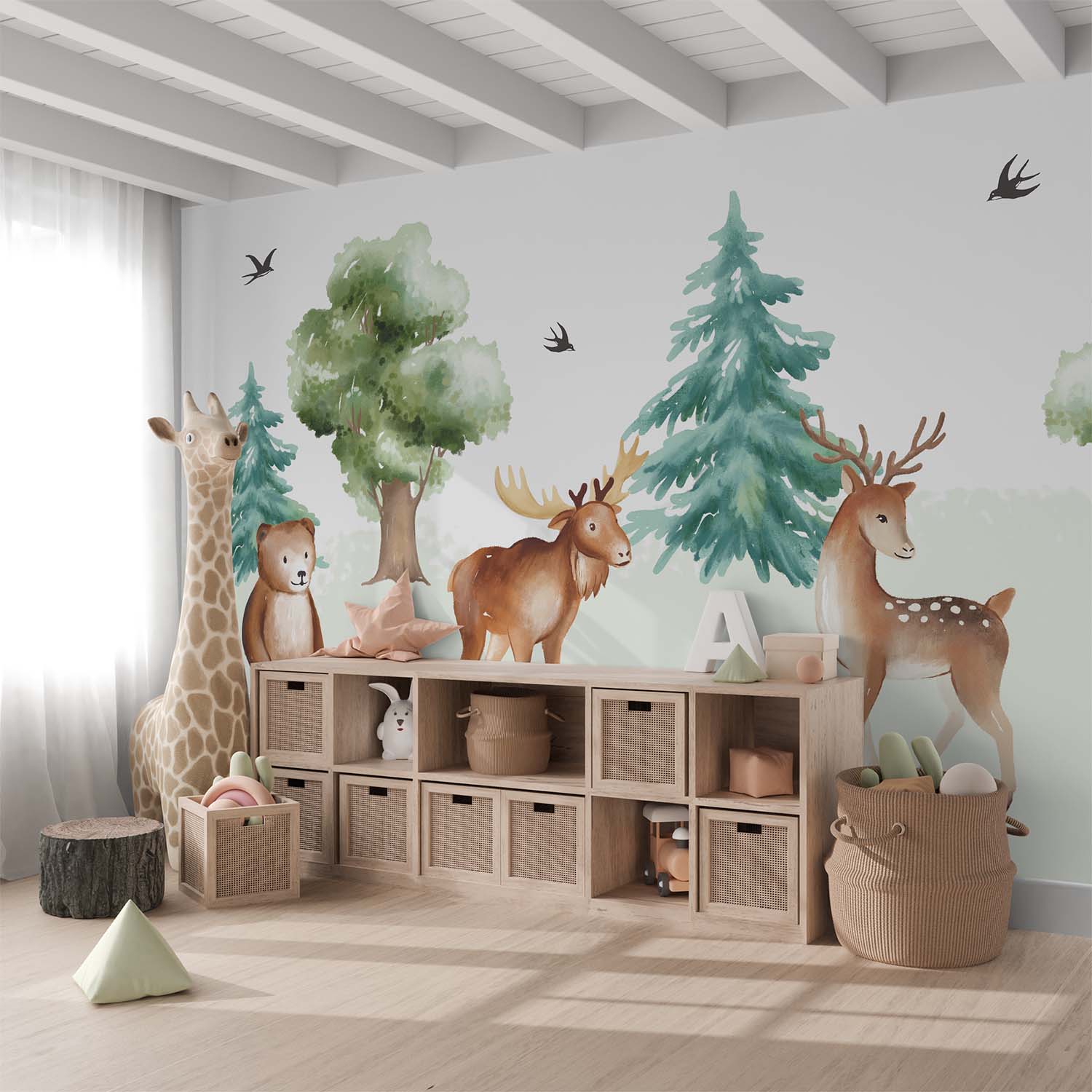 Watercolor Deer and Bears Forest Scene Wall Mural Wallpaper