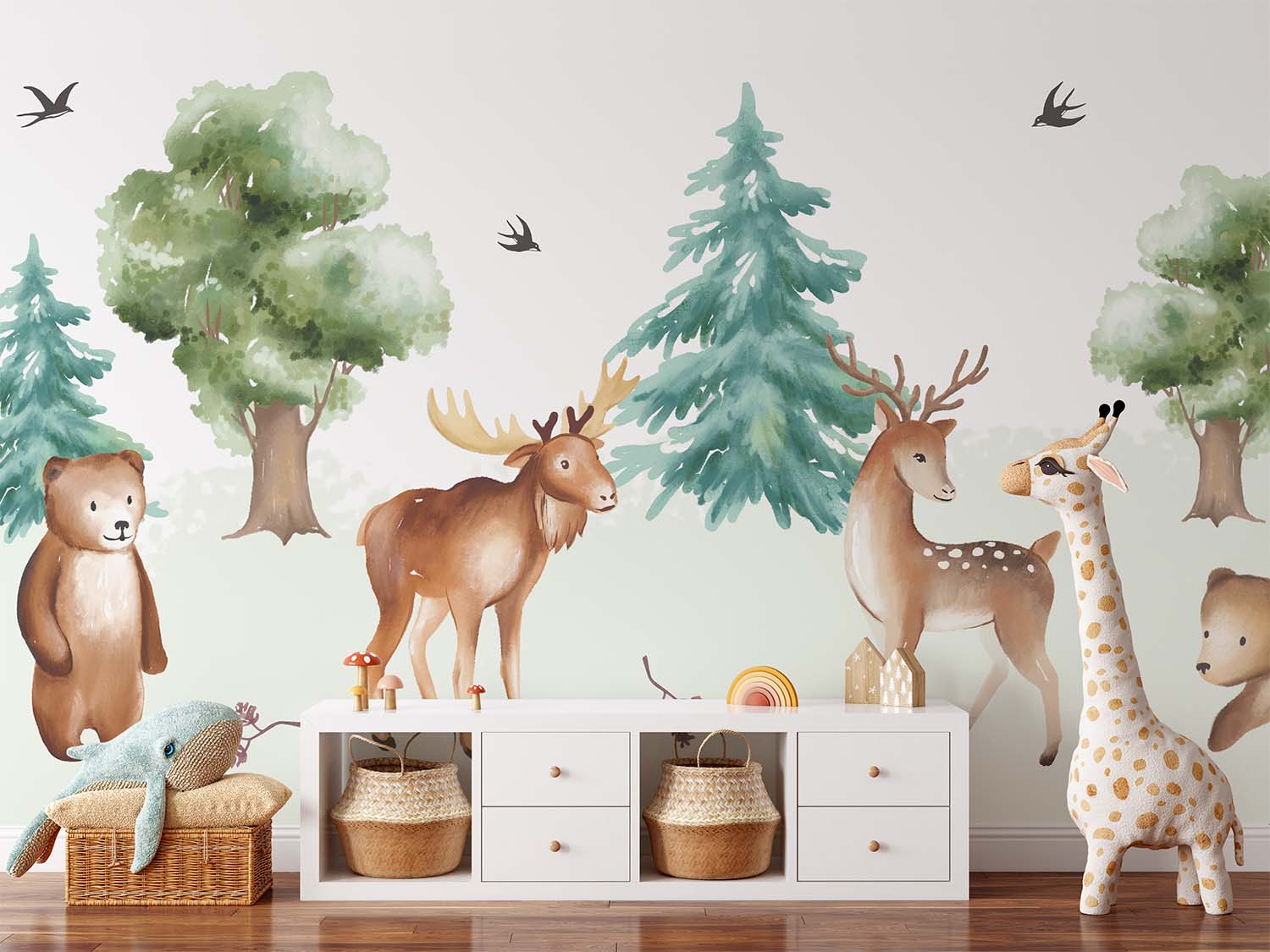 Watercolor Deer and Bears Forest Scene Wall Mural Wallpaper