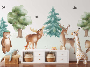 Watercolor Deer and Bears Forest Scene Wall Mural Wallpaper