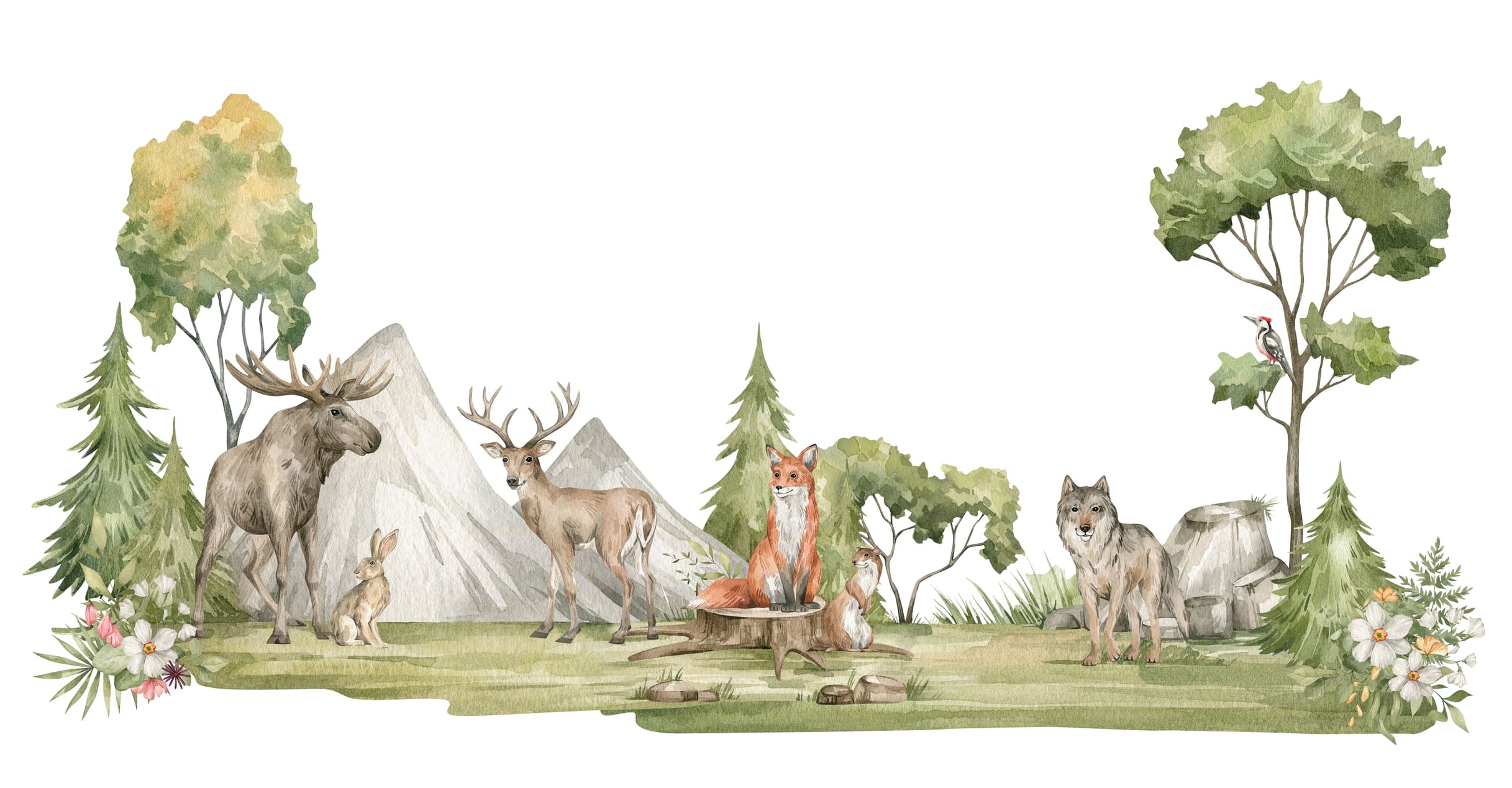 Watercolor Forest Animals Mountain Scene Wall Mural Wallpaper