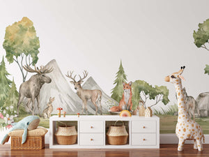 Watercolor Forest Animals Mountain Scene Wall Mural Wallpaper