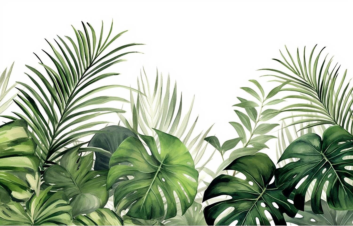 Watercolor Green Jungle Leaves Wallpaper Mural