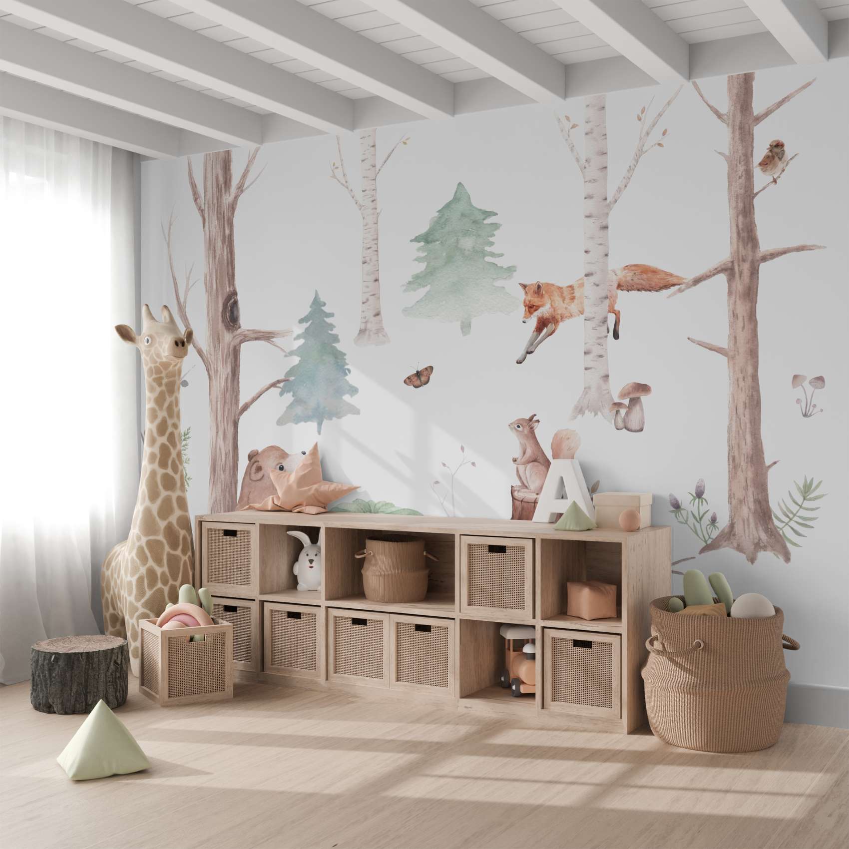 Watercolor Light Forest Animals and Trees Wall Mural Wallpaper