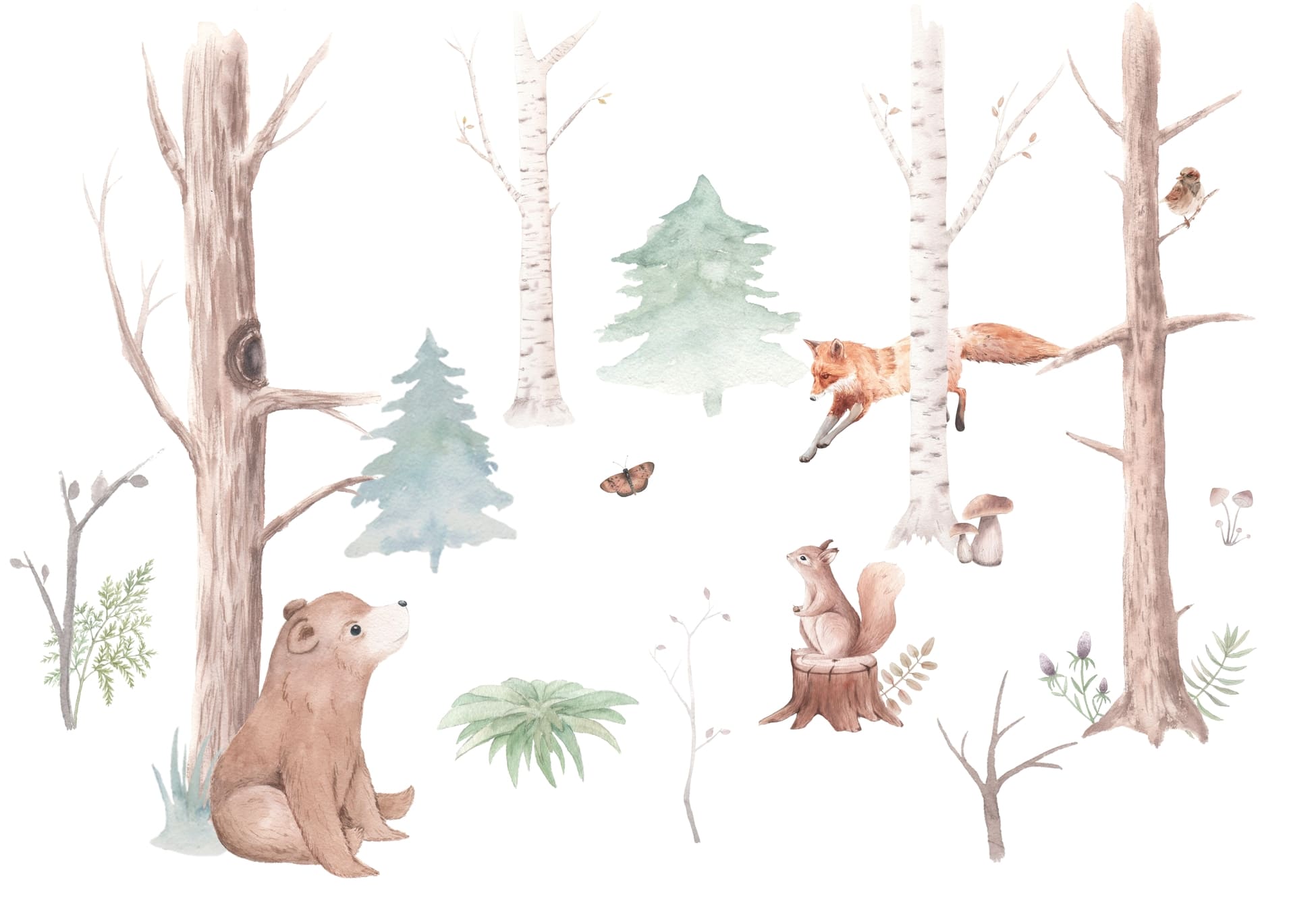 Watercolor Light Forest Animals and Trees Wall Mural Wallpaper